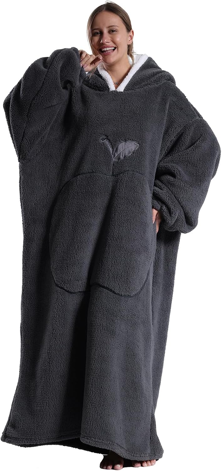 Hoodie Decke Extra Lang mit Kapuze und Tasche für Damen Herren Dunkelgrau, Dunkelgrau