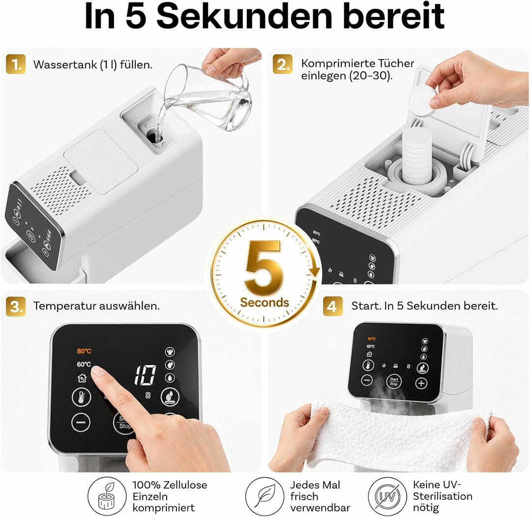 MMOBIEL Handtuchwärmer Automatischer Heisshandtuchspender mit 50 komprimierten Einweg Gesichtstücher