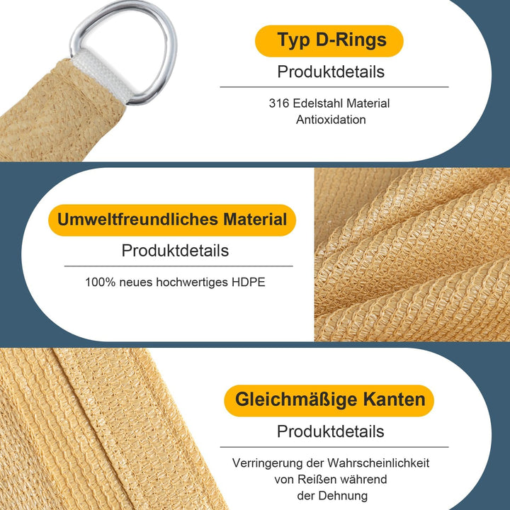 COOL AREA Sonnensegel 2.5x2.5m Rechteckig wasserdurchlässig HDPE Sonnenschutz mit UV Schutz Segel fü