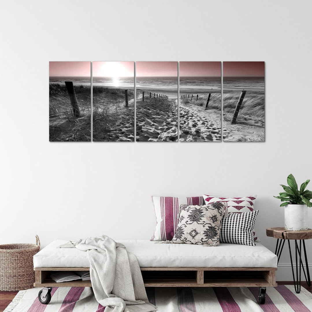 Runa Art Wandbild XXL Strand Sonnenuntergang Schlafzimmer Wohnzimmer 200 x 80 cm Grau Rosa 5 Teilig