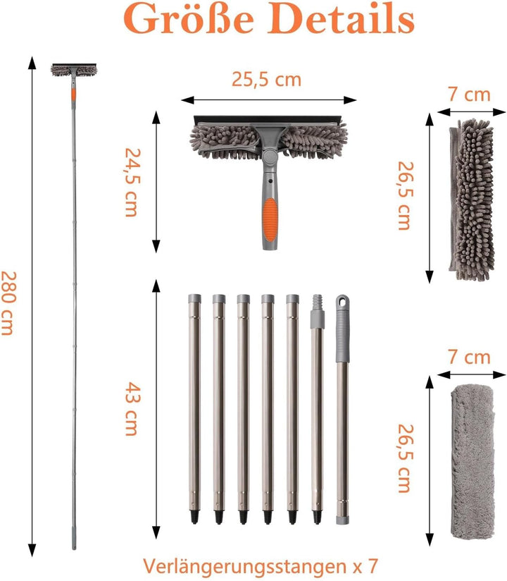 Terafeels 280cm Teleskop Fensterwischer Abzieher Set, 2 in 1 Teleskopstange Fensterreinigung ür Inne