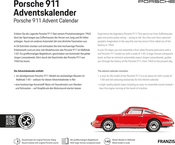 FRANZIS 55199 - Porsche 911 Adventskalender rot, Metall Modellbausatz im Massstab 1:43, inkl. Soundm
