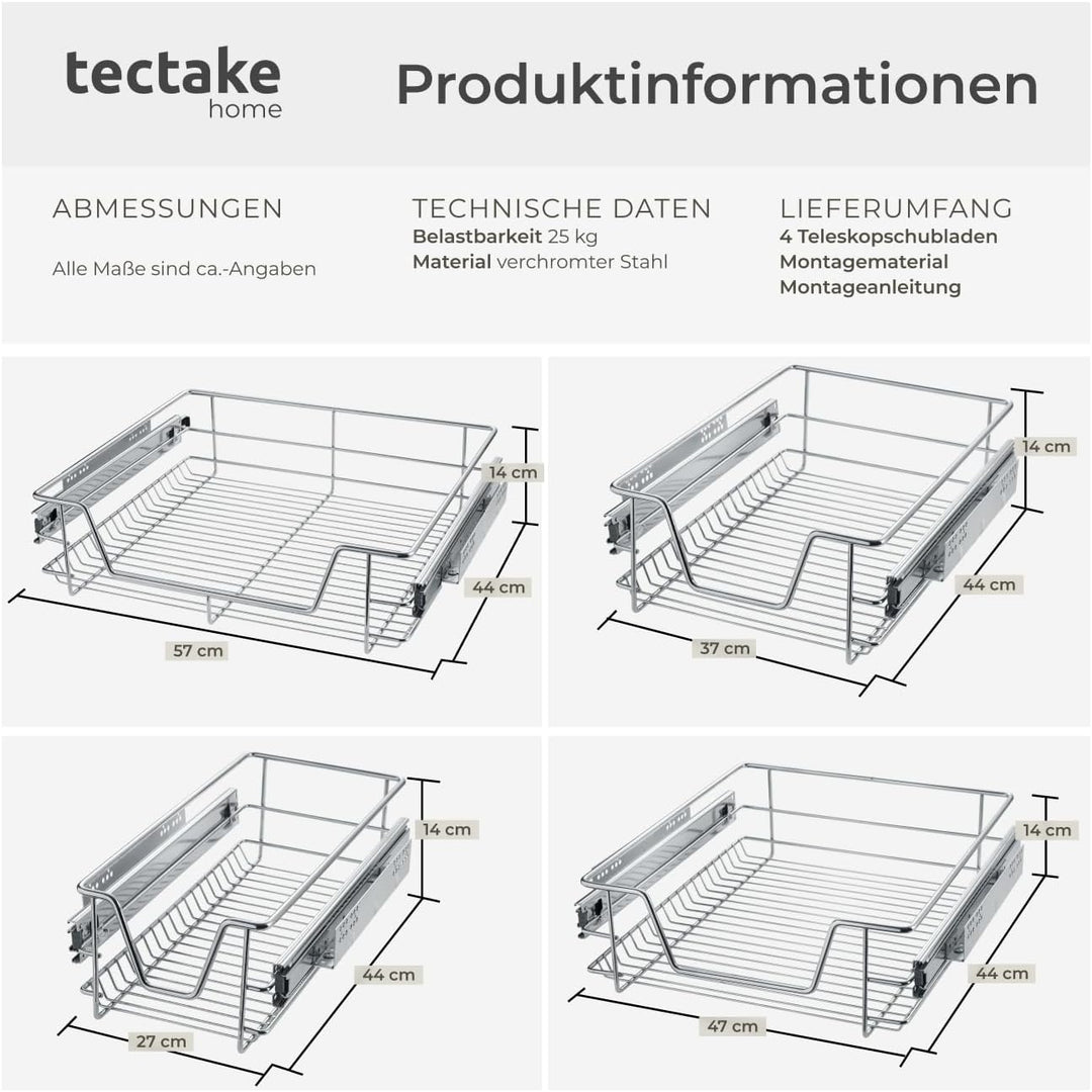 tectake® Teleskopschublade, ausziehbare Schublade, Teleskopregal nachrüsten, Schublade Unterschrank