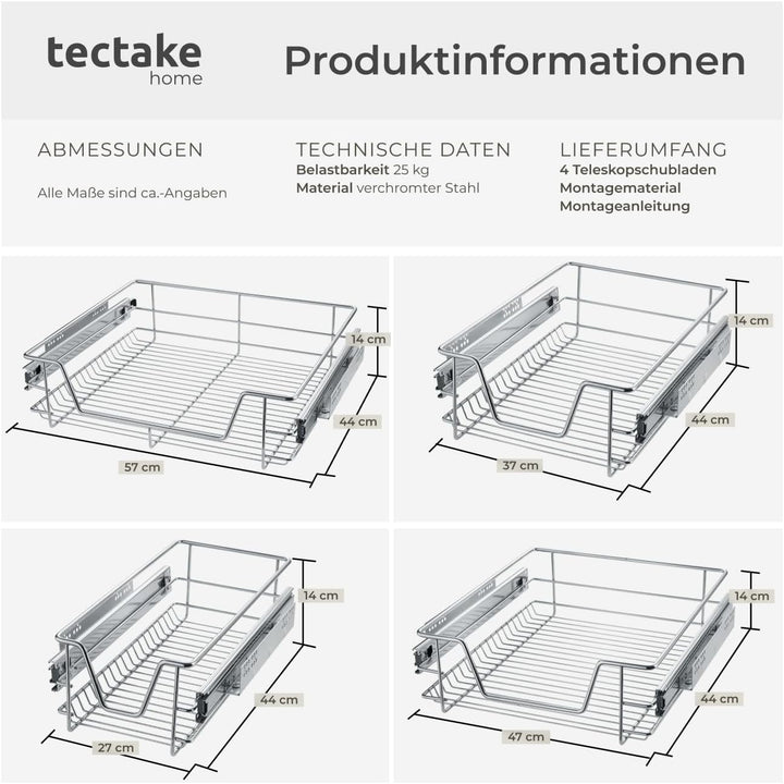 tectake® Teleskopschublade, ausziehbare Schublade, Teleskopregal nachrüsten, Schublade Unterschrank