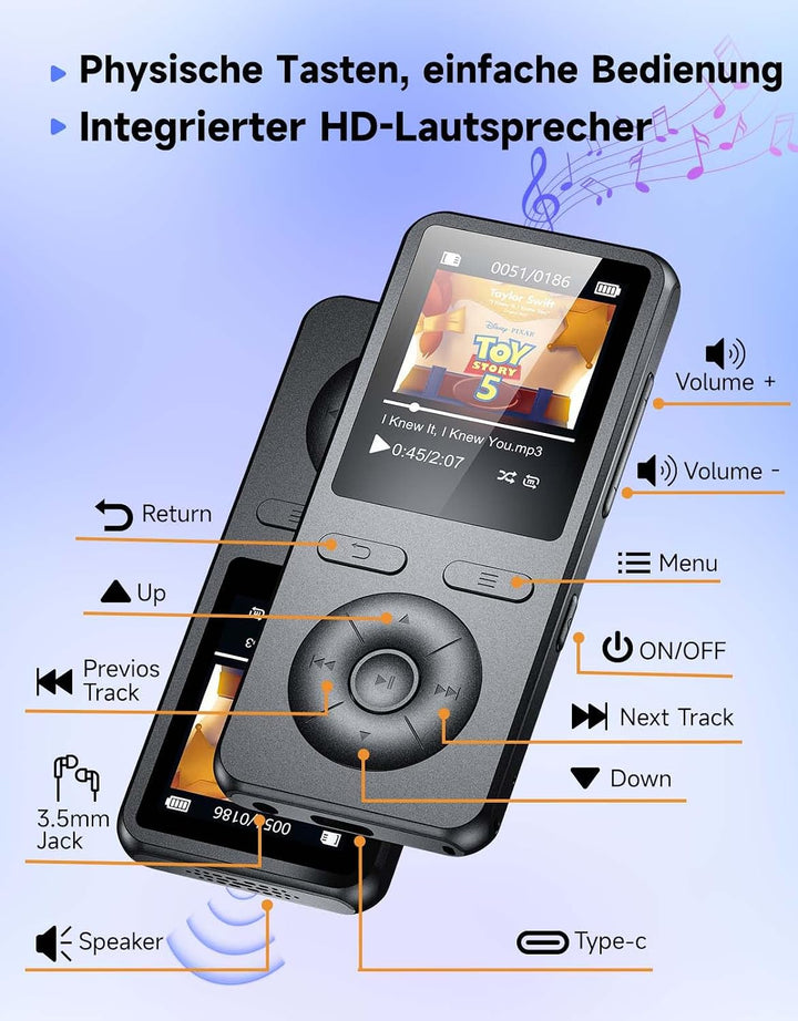 64GB MP3 Player Bluetooth 5.3,mit Lautsprecher,physische Tasten,Ultraleicht Matt Schwarz, Matt Schwa