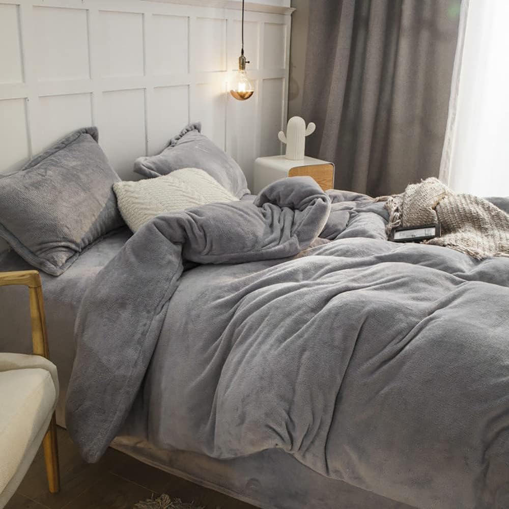 Omela Warm Fleece Winter Bettwäsche 155x220 Silber Grau Cashmere Touch Plüsch Bettbezug mit Kopfkiss