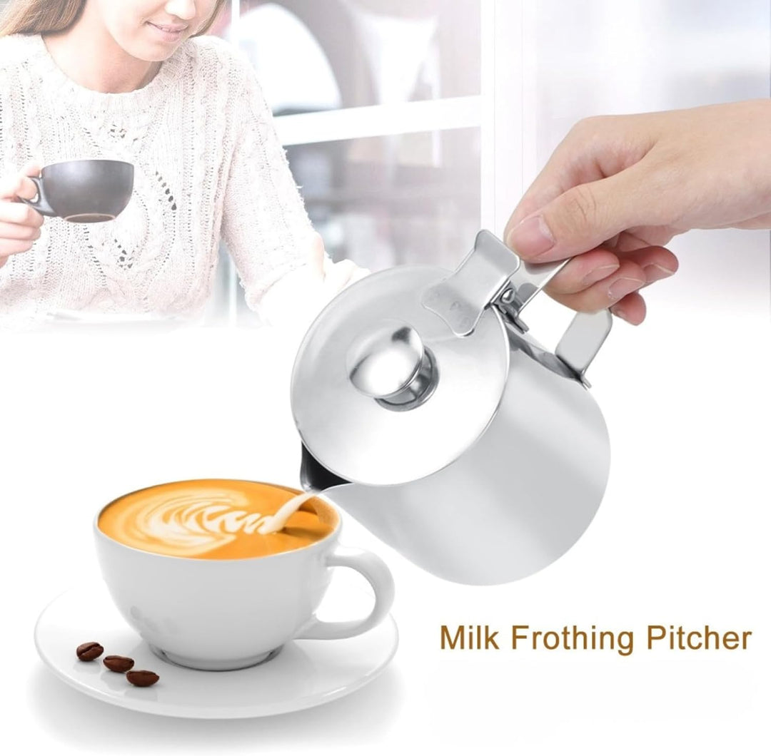 Hominas Milchkännchen, 350 Ml Milch Pitcher Milchkanne Edelstahl mit Deckel Milch Aufschäumen Tasse