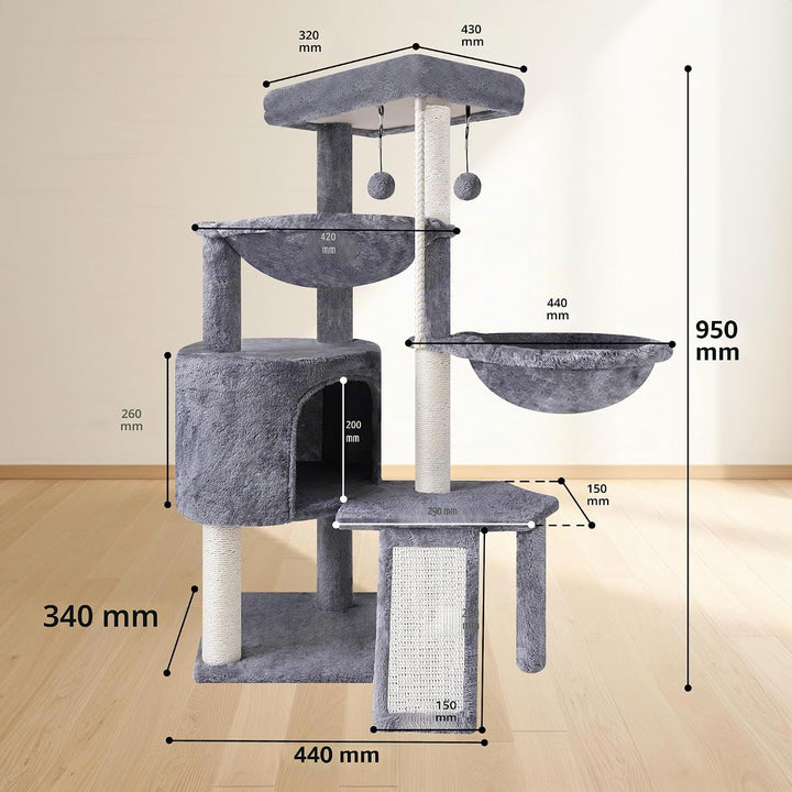 TINWEI Katzenbaum mit Katzenhütte und Zwei Hängematten, Grau, Grau
