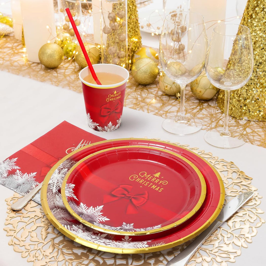 PARTY GO 96 Stück Pappteller Weihnachten, Partygeschirr Set Weihnachtsparty Pappteller Servietten Pa