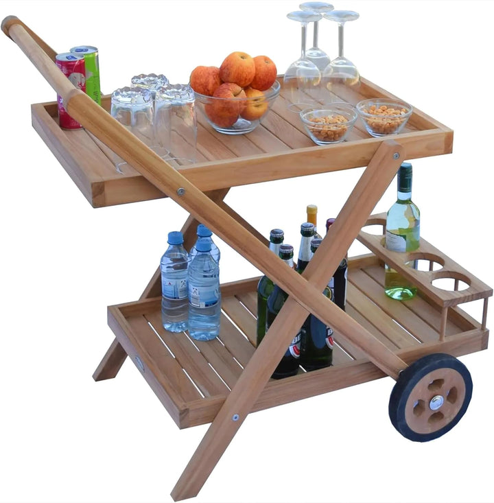 Servierwagen Teakholz Teramo mit 2 Ablagen Massivholz Wetterfest, 70 x 45 x 60 cm, Rollwagen, für Au