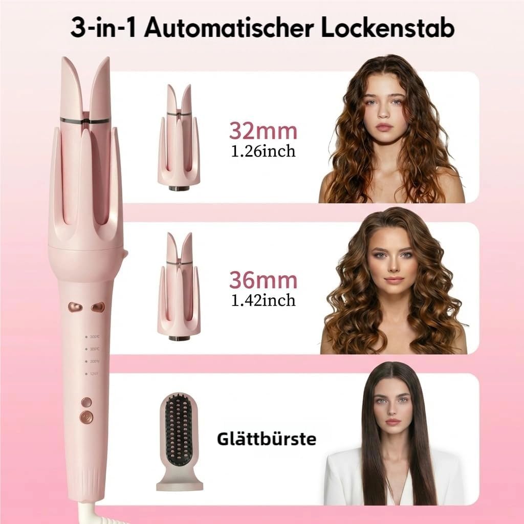 3-in-1 Automatik Lockenstab, Keramik Ionen (Rosa), Rosa