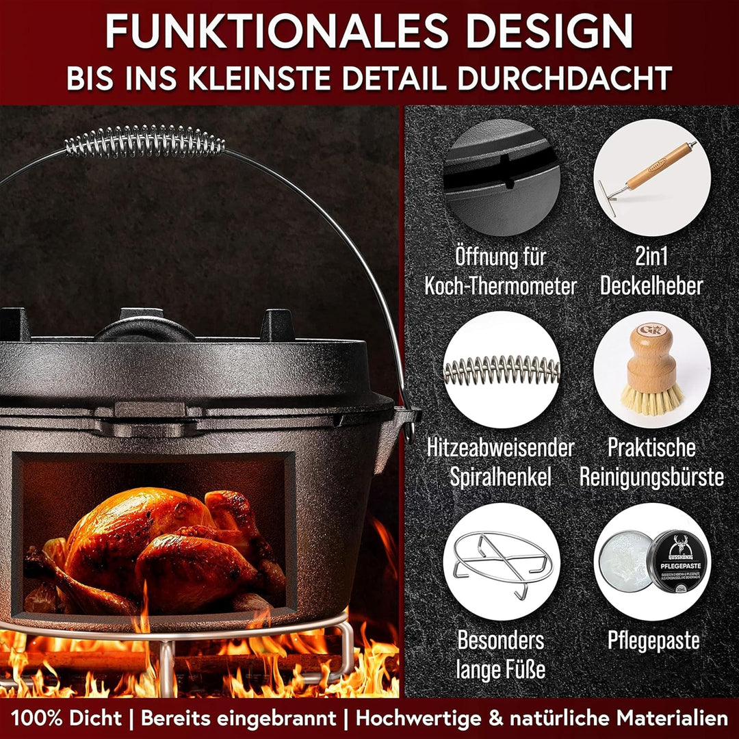 Dutch Oven Set-Eingebrannter Dutch Oven 12L [10-16 Person]-Feuertopf Gusseisen ohne Füssen-Schmortop