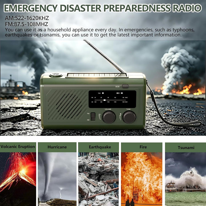 4000mAh Kurbelradio Notfallradio mit Powerbank, Solar &amp; USB Aufladbar, AM/UKW Radio mit SOS-Alarm, L