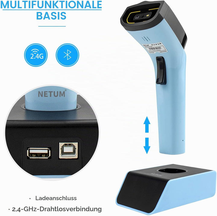 NETUM Bluetooth Wireless 2D Barcode Scanner Automatischer, freihändiger Barcodeleser mit Ladestation