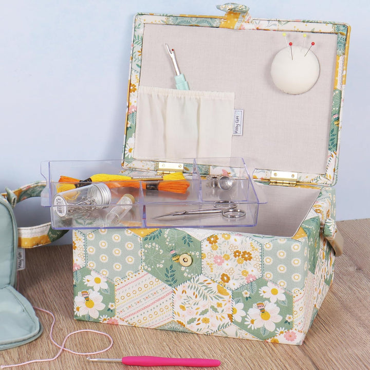 Hobby Gift Nähkästchen Mittel mit Griff - Nähkorb aus Baumwolle mit Fächern für Nähzubehör &amp; Werkzeu