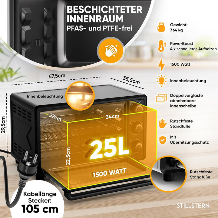 Stillstern Minibackofen mit Umluft (25L, DE Version, inkl. Frittierkorb) Auftauen, 2 Std. Timer, Ofe