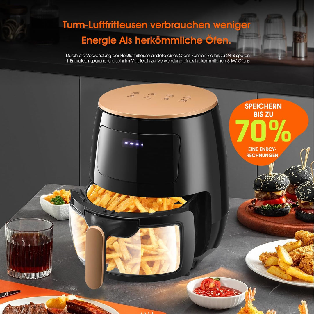 Heissluftfritteuse 6L, Ölfreie Airfryer mit Sichtfenster, 1400Watt, LED-Touchscreen, 8 Programme, 36