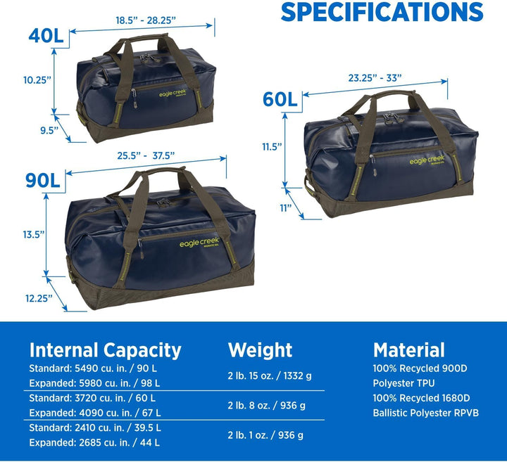 Eagle Creek Migrate Duffel Reisetasche – 100% recycelte Materialien, breite Öffnung und verstaubare