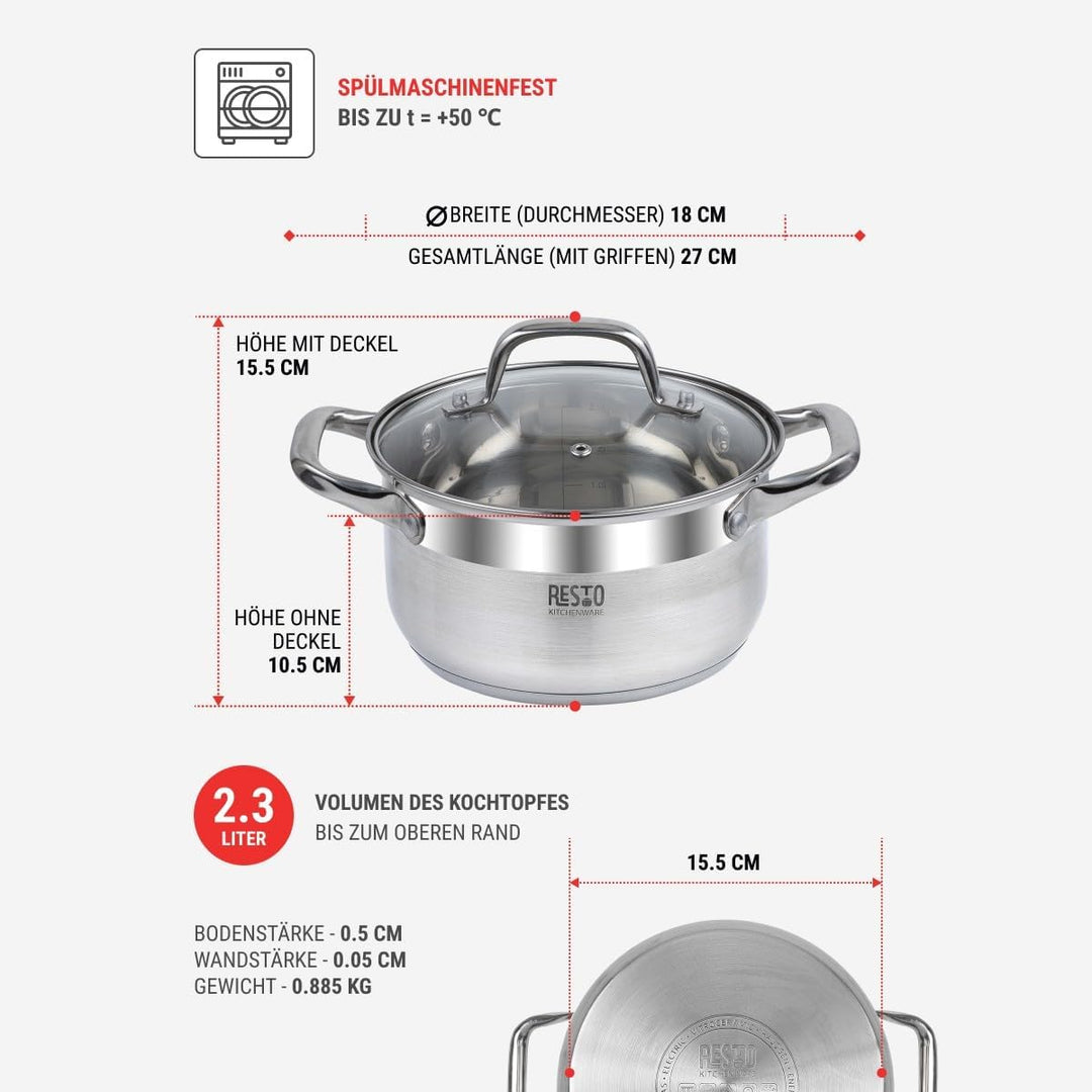 RESTO Edelstahltopf 18 cm, klein, small cooking pot 2 l - Milchtopf – Edelstahl Kochtopf für alle He