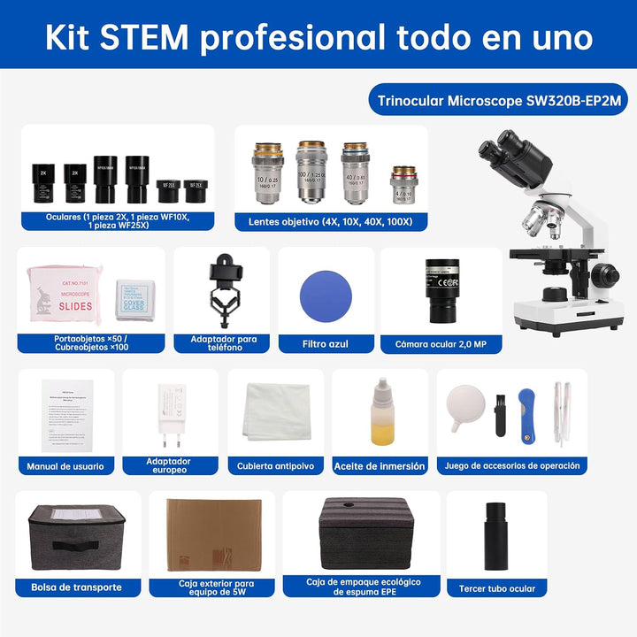 SWIFT SW320B Binokulares Mikroskop 40X–5000X, professionelles Labormikroskop mit 2-MP-Kamera, Transp