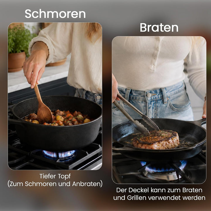 Gusseisen Kombikocher 2-in-1, Dutch Oven Mit Pfannen Deckel
