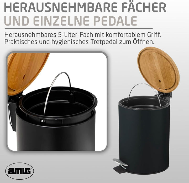 Amig - Kosmetikeimer mit Pedal 5L Naturline - Schwarz und Bambus - Hygienische Öffnung - Ø20 x 26 cm