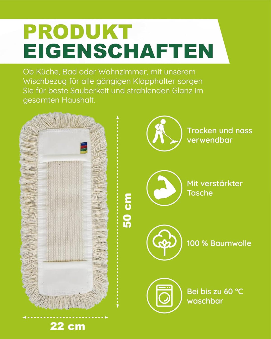 Wisch-Star 5X Wischmopp Bezug 40 cm aus Baumwolle in Weiss, Bodenwischer Bezug, Ersatzbezug mit Tasc
