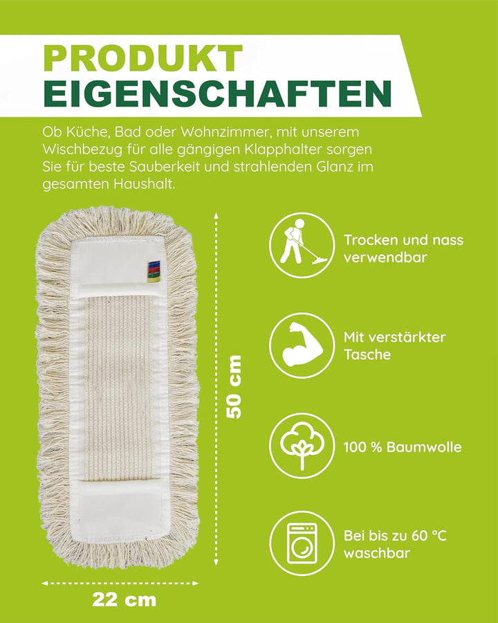 Wisch-Star 5X Wischmopp Bezug 40 cm aus Baumwolle in Weiss, Bodenwischer Bezug, Ersatzbezug mit Tasc