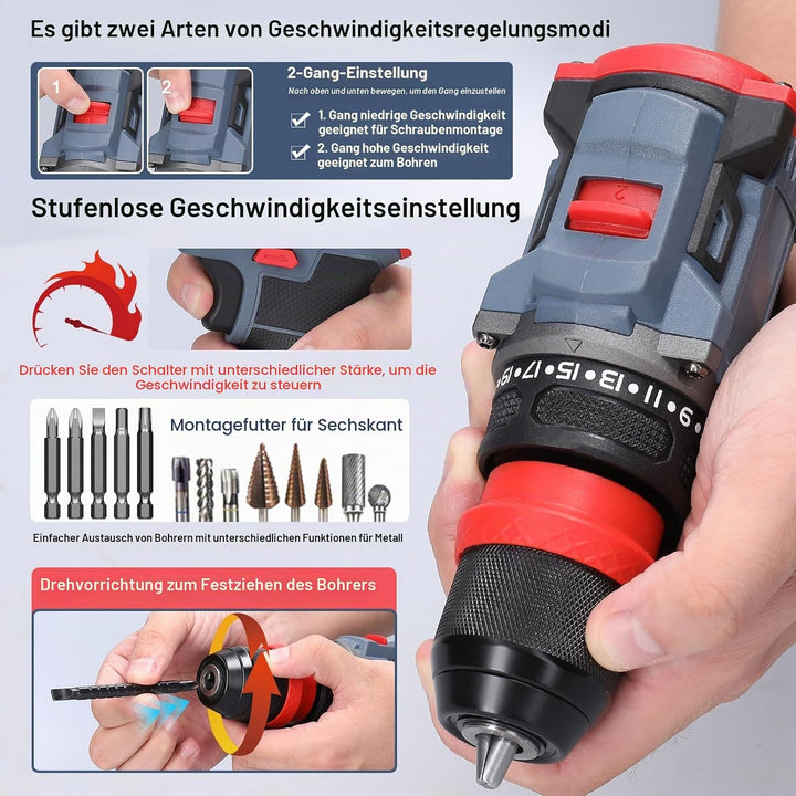 Weytoll 21V Akku Bohrmaschine, Akkuschrauber mit Akku*2 1300mAh, Akku Bohrer Abnehmbares Bohrfutter,