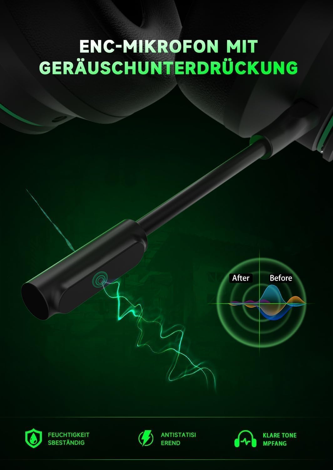 Wireless Gaming Headset für Xbox Series X|S, Xbox One, PS5, Schwarz-Grüne Schwarz Grüne Kein Stecker