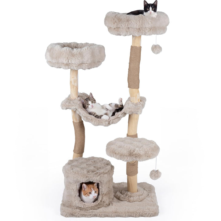 COSTWAY Kratzbaum Holz, 147 cm hoch, Katzenbaum mit Katzenhöhle, Beige