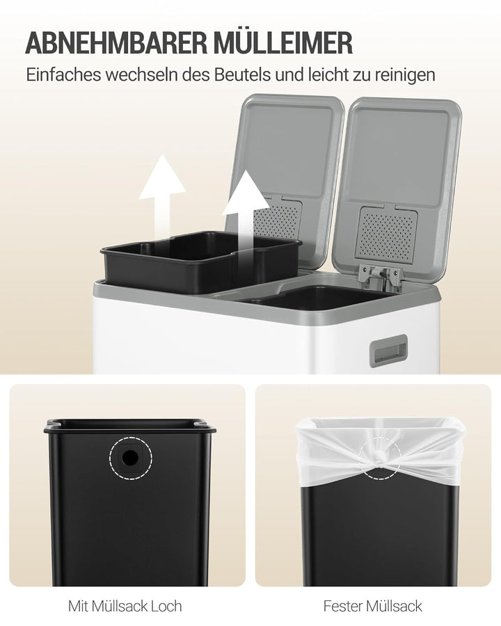 Hzuaneri Mülleimer Küche, Mülltrennsystem 2 Fächer 60L (2 x 30 L), Edelstahl-küchenmülleimer, Tretmü