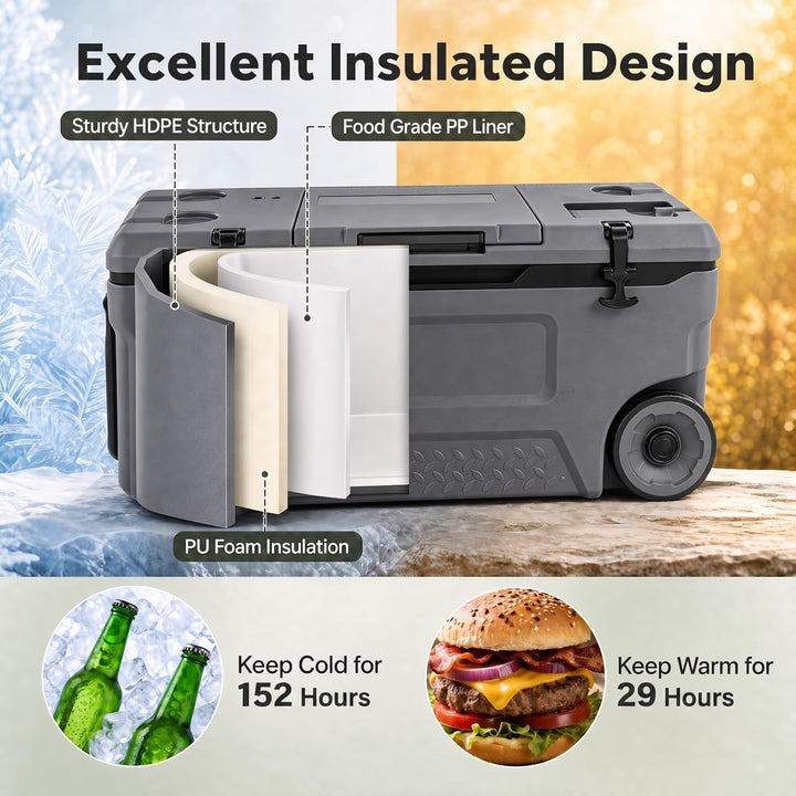 LIFEZEAL Grosse Kühlbox, Isolierbox Kunststoff mit Rädern &amp; Griff Grau 70 L, Grau 70 L