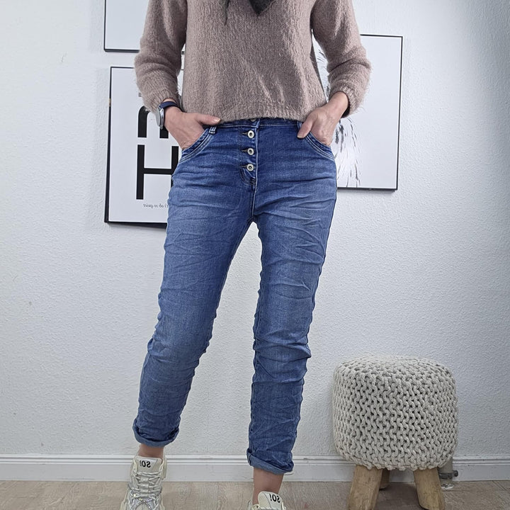 Karostar Damen Boyfriend Stretch Jeans mit offener Knopfleiste L Denim Middle Blue, L Denim Middle B