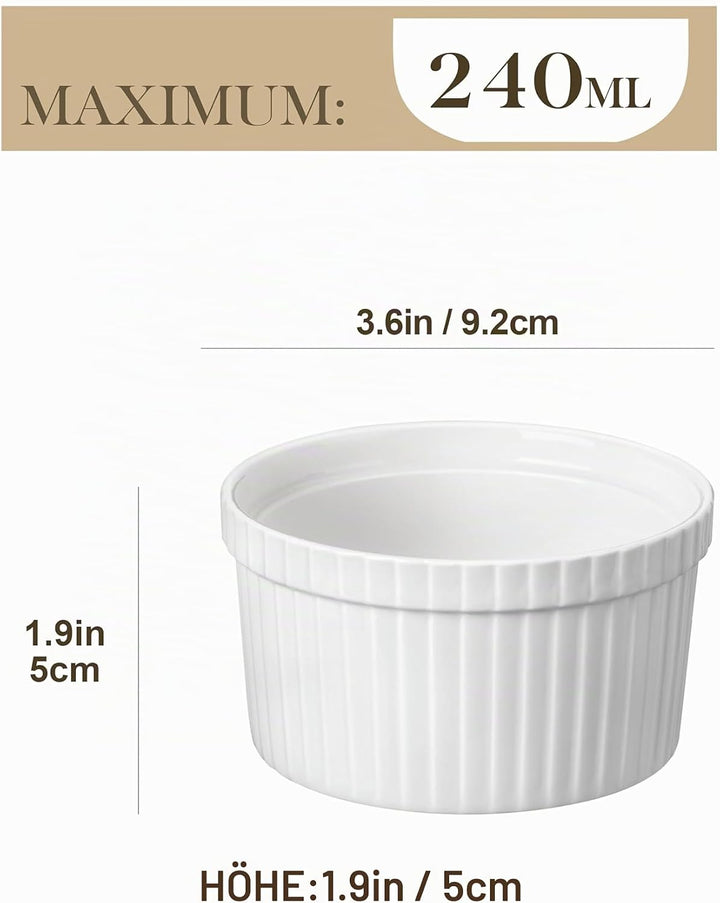 MALACASA Creme Brulee Schälchen 6er Set, Ø 9cm - 240 ml Souffle Förmchen Backofenfest, Porzellan Ofe
