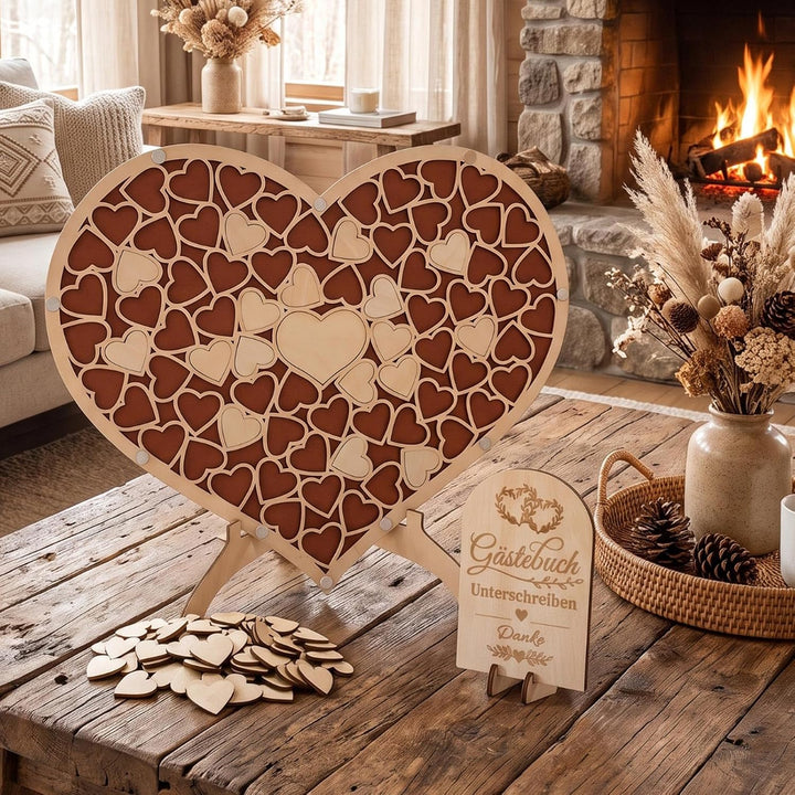 Gästebuch Hochzeit Holz in Herzform, Alternatives Hochzeitsgästebuch mit 83 Holzherzen und Aufstelle