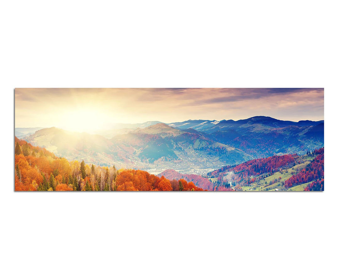 Paul Sinus Art Panoramabild auf Leinwand und Keilrahmen 150x50cm Landschaft Berge Wald Herbst Sonnen