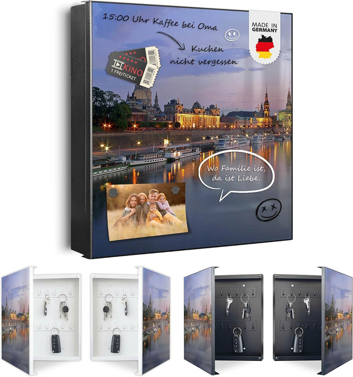 banjado® Grosser Schlüsselkasten Glas/Schlüsselbox 30cm x 30cm mit 50 Haken - Motiv Dresden/Schlüsse