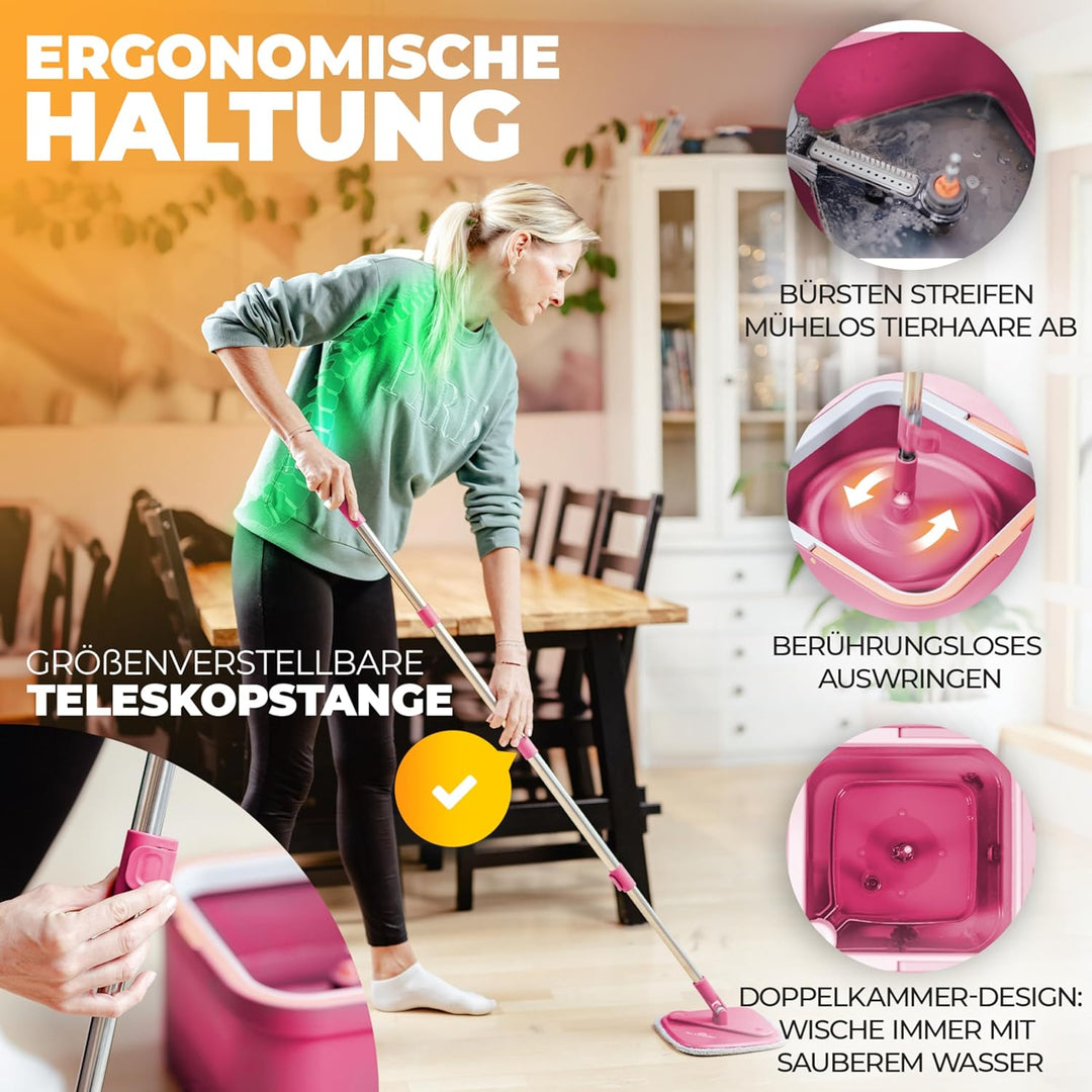 Wischmopp Set mit Eimer, 2-Kammer-System &amp; 2 Mikrofaser-Pads, Flachmopp Bodenwischer mit Edelstahlst