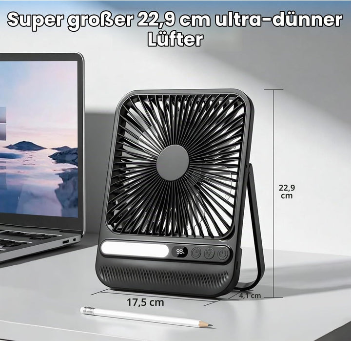 10000mAh Akku Ventilator, Sehr Leiser Tischventilator mit Lampe, 23 cm hoch, bis zu 28 Std. Laufzeit