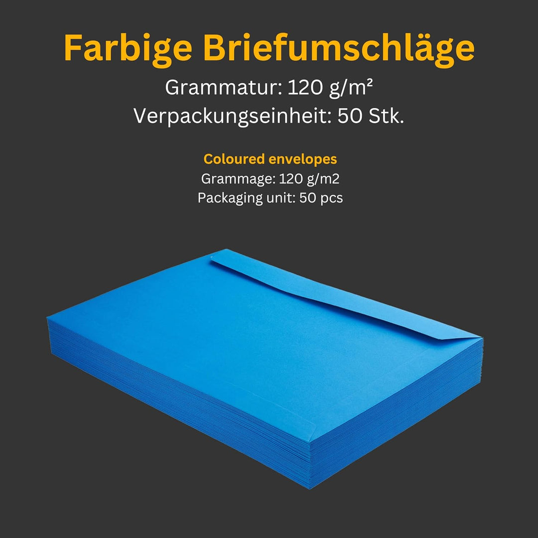 50 Stück, Farbige Briefumschläge, DIN C4, Haftklebung mit Abziehstreifen, Gerade Klappe, 130 g/qm Co