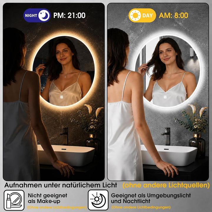 Badspiegel mit Beleuchtung, LED Badezimmer Spiegel Rund 50cm, Dimmbar, 3 Lichtfarben, Touch-Schalter