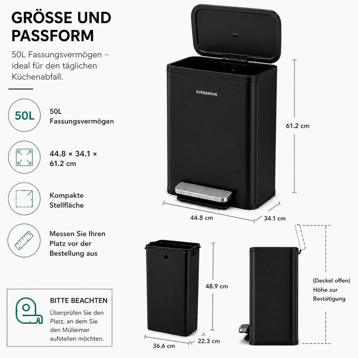 EverGrove Recycling 50L Edelstahl-Mülleimer mit Fusspedal (Schwarz Nr. 2), Schwarz Nr. 2