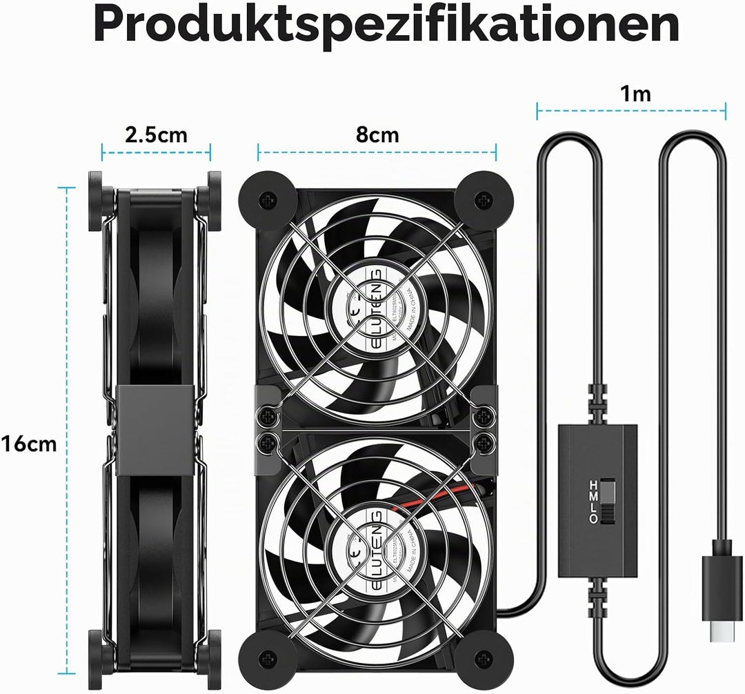 ELUTENG 2 in 1 Zweireihiger USB C Lüfter 80mm mit 3 Einstellbare Geschwindigkeiten, 5V Doppelt Type
