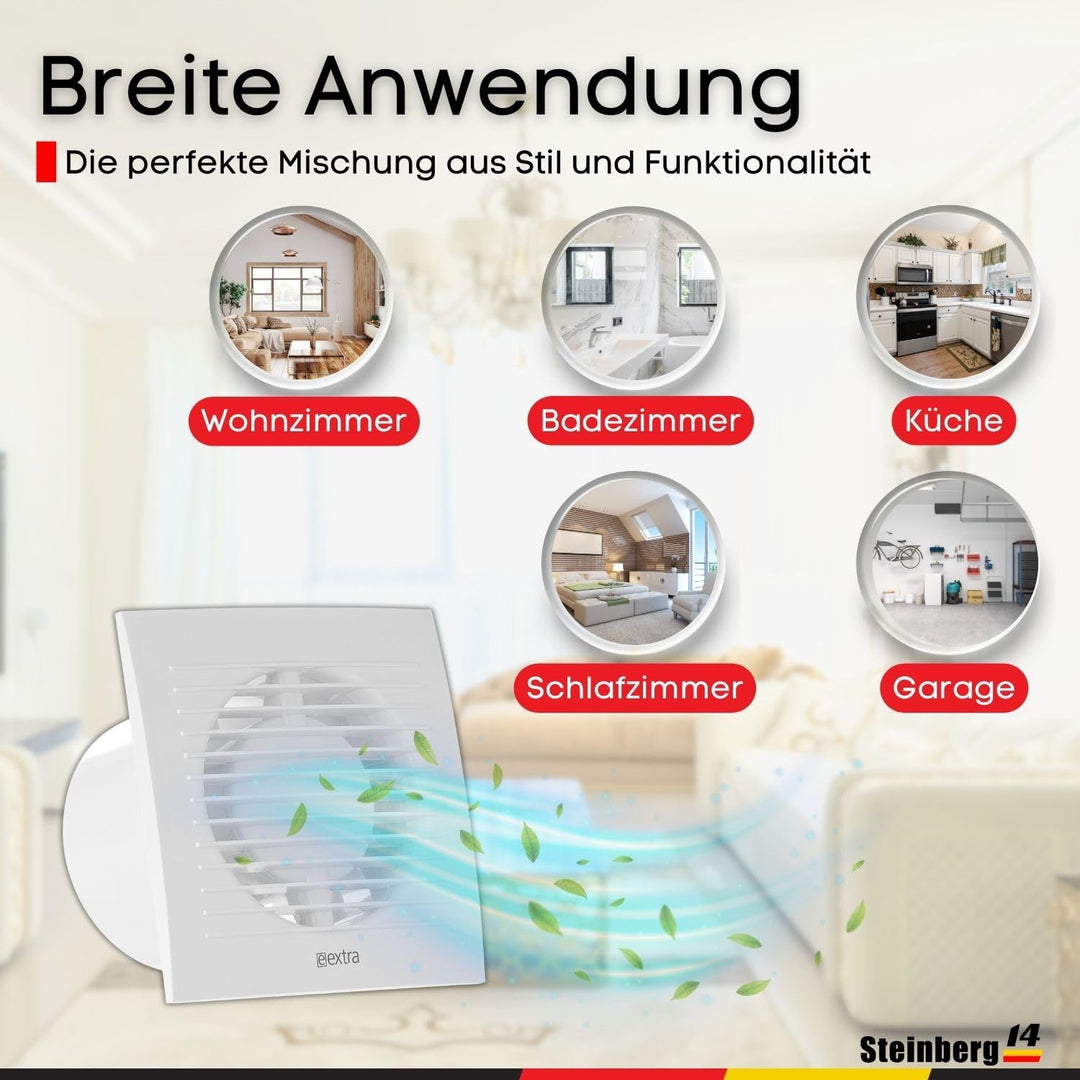 Steinberg14 Badlüfter Ø 125mm mit Feuchtigkeitssensor und Zeitnachlauf (Timer) - Weiss Ventilator Ø