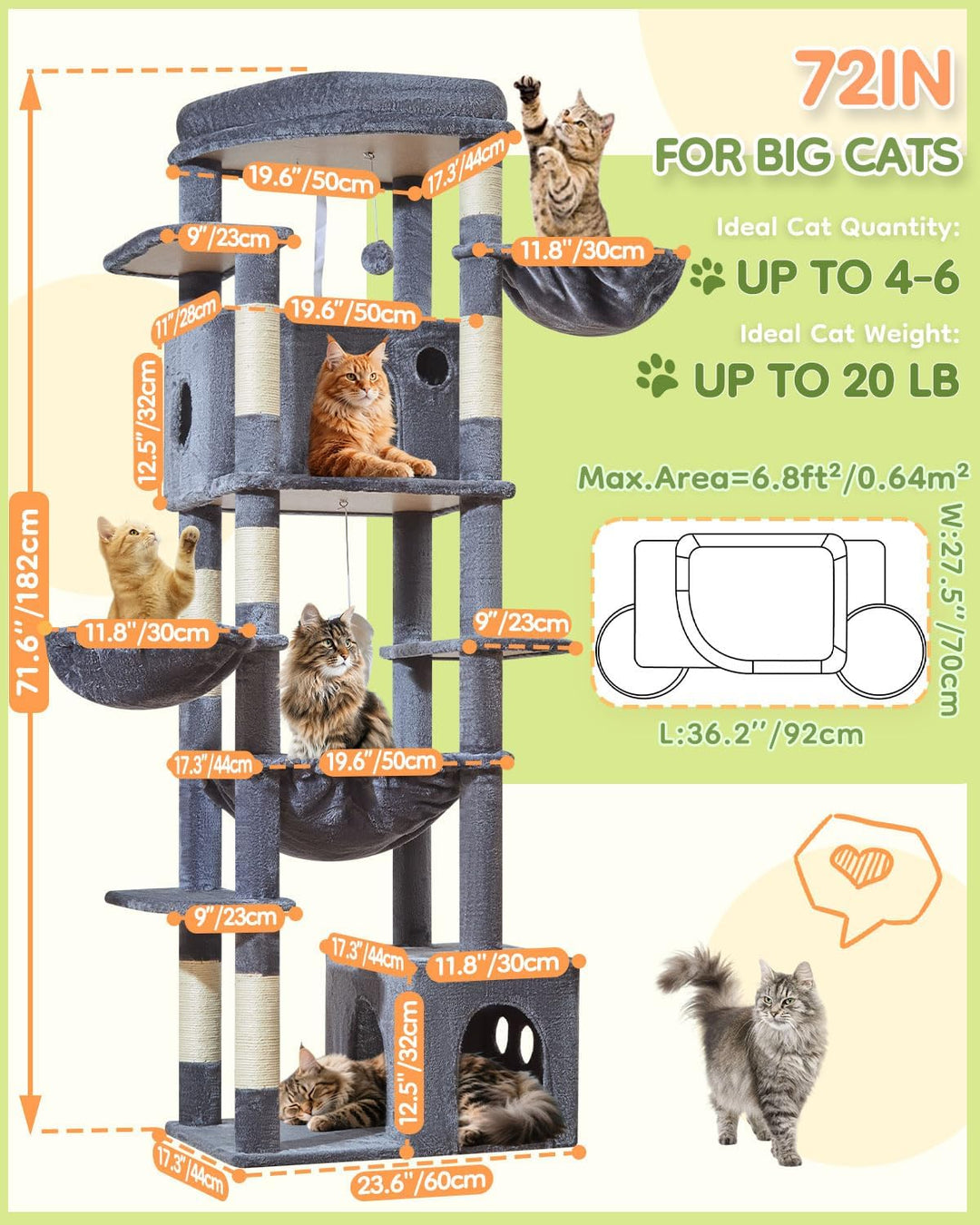 Taoqimiao 182 cm Kratzbaum XXL, Stabil, Gross, Katzenbaum für Katzen, F20G Dunkelgrau, Dunkelgrau