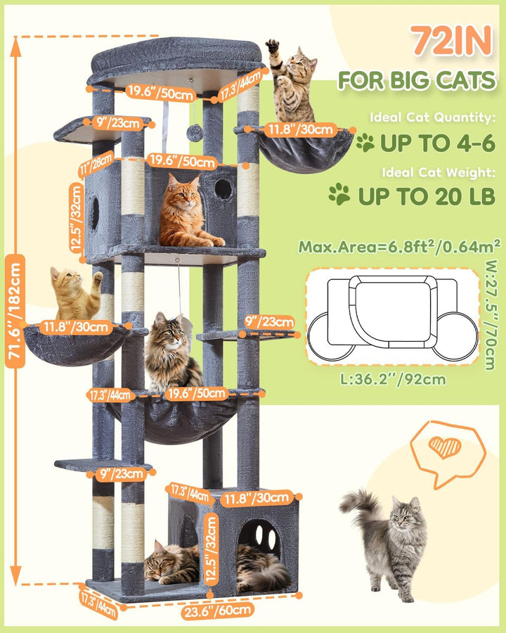 Taoqimiao 182 cm Kratzbaum XXL, Stabil, Gross, Katzenbaum für Katzen, F20G Dunkelgrau, Dunkelgrau
