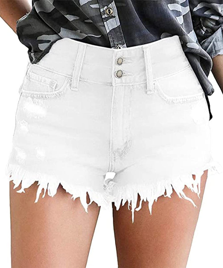 Necooer Damen Casual Ripped Denim Shorts Mittlere Taille Kurze Jeanshose mit Taschen M Weiss 02, M W