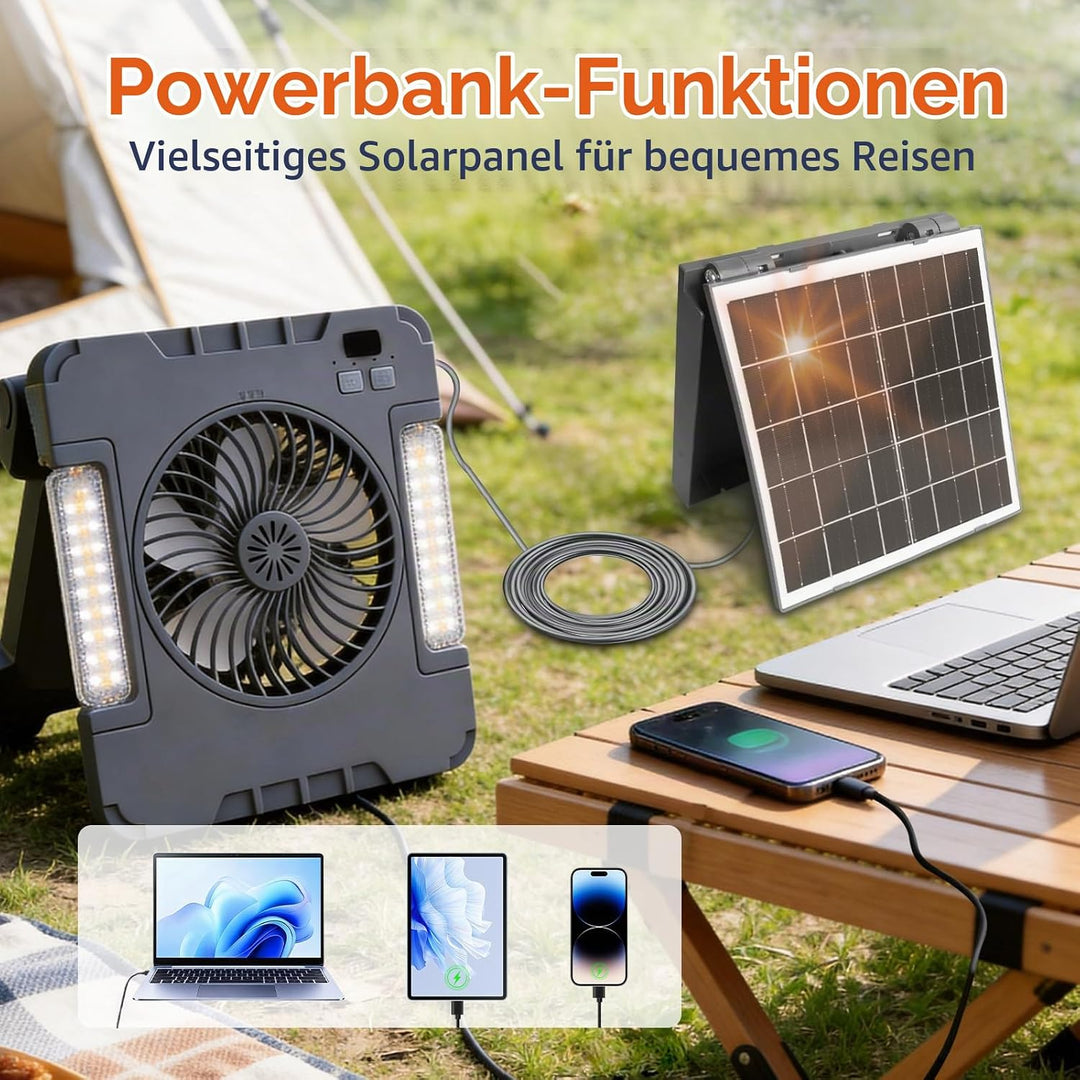 Solar Camping Ventilator mit Abnehmbarem Solarpanel, USB Akku und Solarbetriebener Tischventilator m