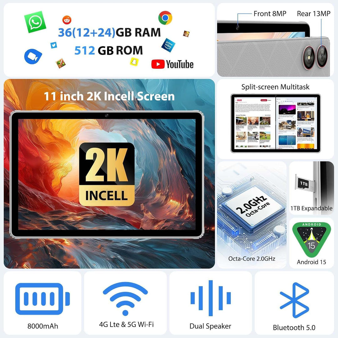 2026 Android 16 Tablet 11 Zoll, 36GB RAM+512GB ROM, SIM 4G &amp; 5G WiFi, Octa Core, 13MP+8MP, 2000 * 12